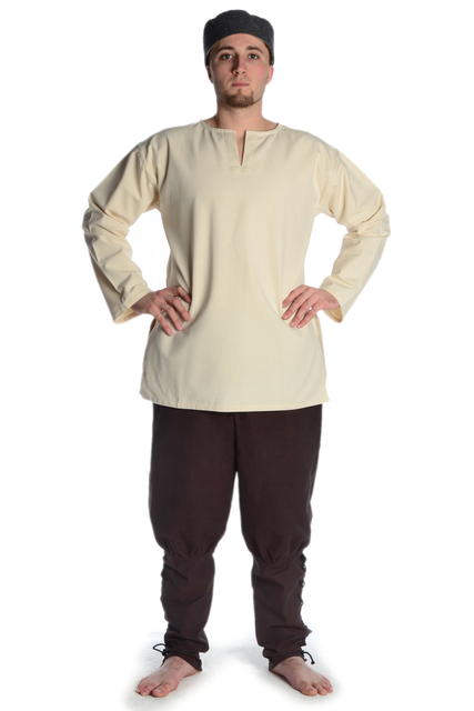 mittelalterliche tunika kurz mit schlitzkragen in natur-beige, blau und schwarz