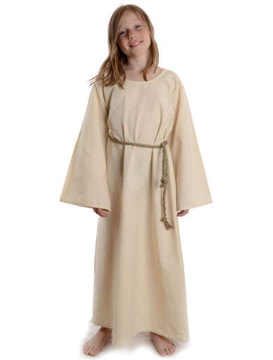 MIttelalter Kinder-Kleid Isaza in Beige-Grün Frontansicht