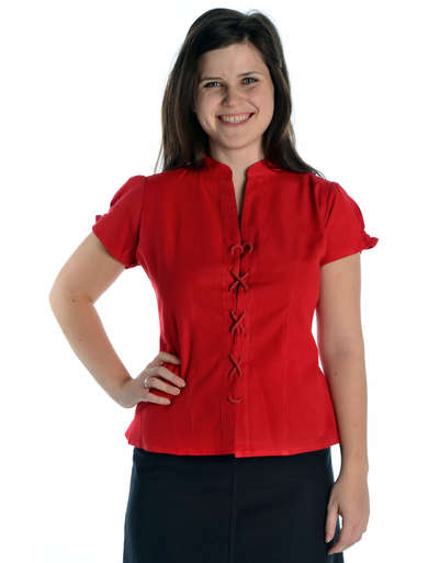 Bluse Kurzarm vorne zum Schnueren aus reiner Baumwolle in rot und natur-beige