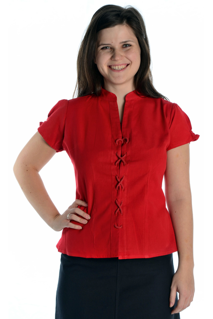 Bluse Kurzarm vorne zum Schnueren aus reiner Baumwolle in rot und natur-beige
