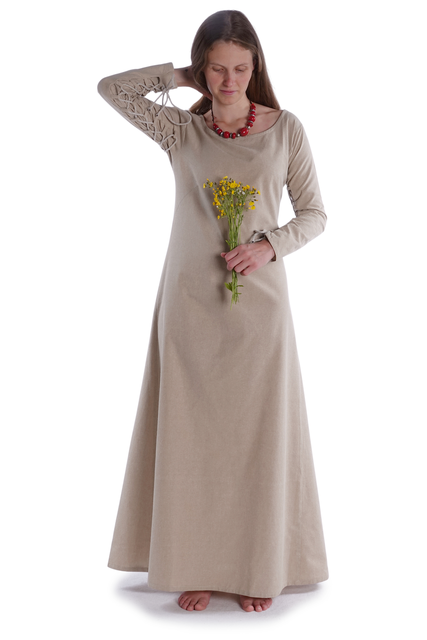 Mittelalter Kleid Hildegunde in Hanffarben Frontansicht