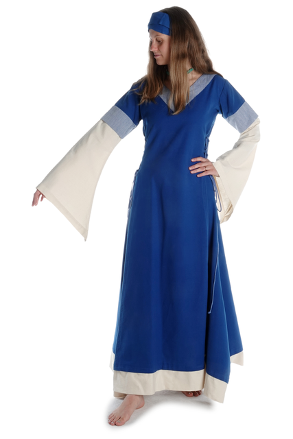 Mittelalter Kleid Saelde mit Zierleiste in Königsblau-Beige Frontansicht