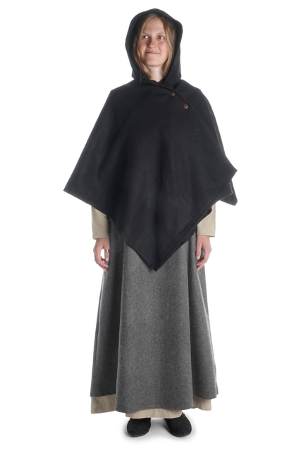 Mittelalter Cape Herat in Schwarz Frontansicht