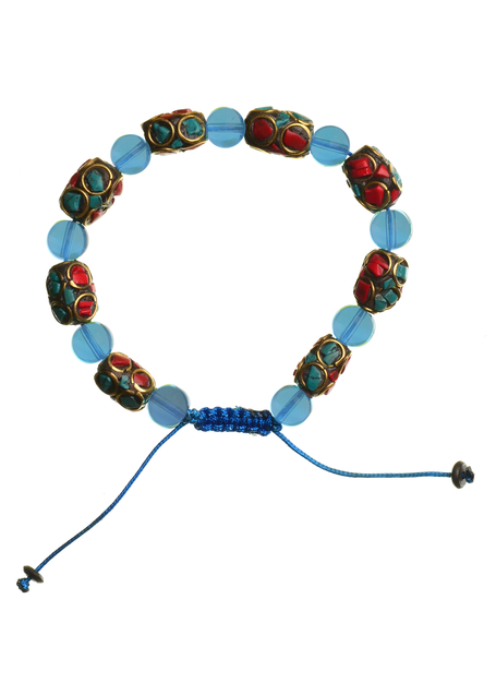 Mittelalter Armband Iblis mit Mosaiksteinen aus Messing-Glassteine in Permutfarben bunt Rot-Türkis Frontansicht