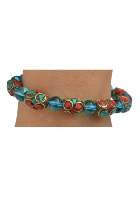 Mittelalter Armband Iblis mit Mosaiksteinen aus Messing-Glassteine in Permutfarben bunt Rot-Türkis Frontansicht 2