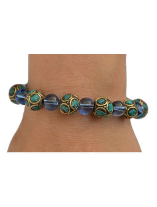 Mittelalter Armband Iblis mit Mosaiksteinen aus Messing-Glassteine in Perlmutfarben-Türkis Frontansicht 2