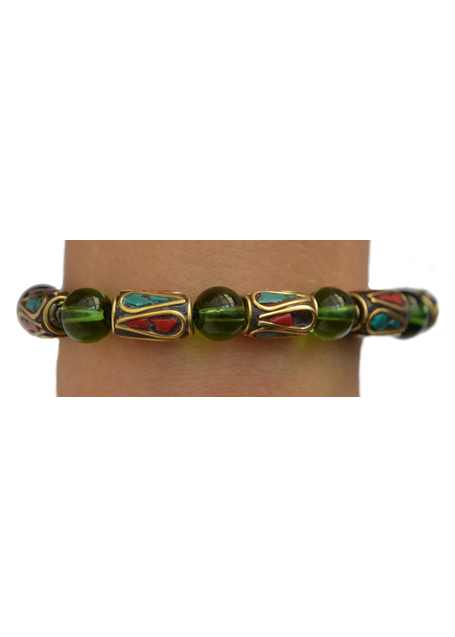 Mittelalter Armband Gyburg mit Mosaikperlen aus Messing-Glassteine in Permutfarben bunt Rot-Türkis Frontansicht 2