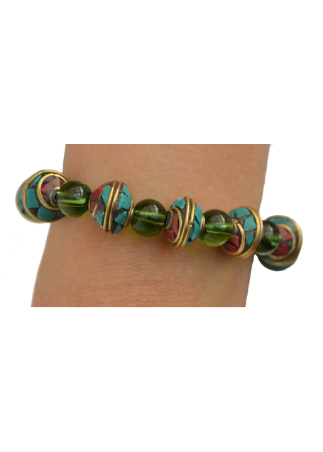 Mittelalter Armband Gyburg mit Mosaikperlen aus Messing-Glassteine in Perlmutfarben-Türkis Frontansicht 2