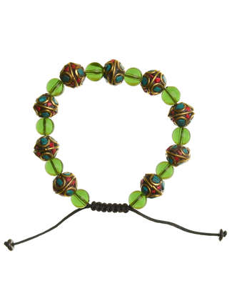 Mittelalter Armband Gyburg mit Mosaikperlen aus Messing-Glassteine in Perlmutfarben-Rot-Türkis Frontansicht