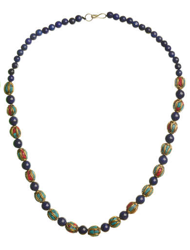 Mittelalter Halskette Blubena Lapis aus Messing-Glassteine in Dunkelblau Frontansicht