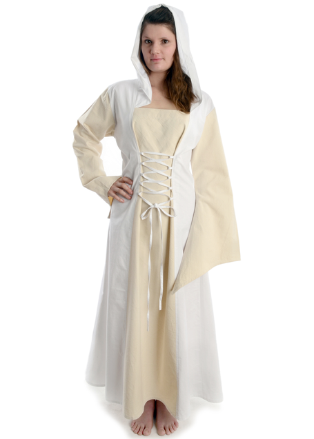 Mittelalter Kleid Liebgart in Beige-Weiß Frontansicht