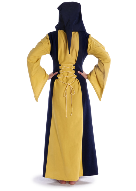 Mittelalter Kleid Liebgart in Gelb-Blau Rückansicht