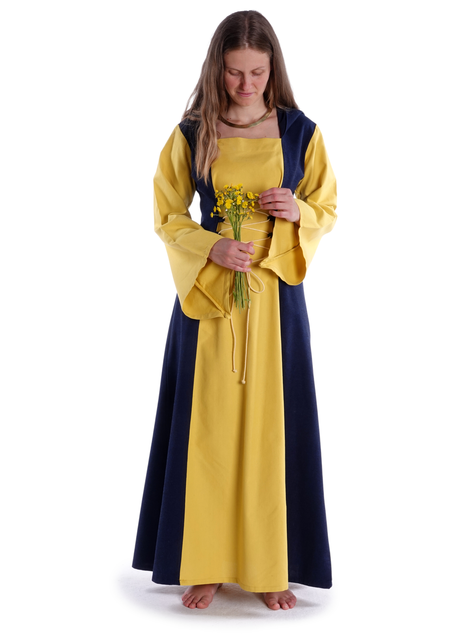 Mittelalter Kleid Liebgart in Gelb-Blau Frontansicht 3