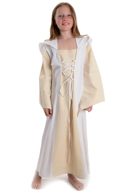 Mittelalter Kinderkleid Obilot in Beige-Weiß Frontansicht