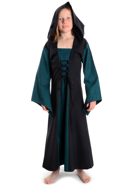 Mittelalter Kinderkleid Obilot in Grün-Schwarz Frontansicht