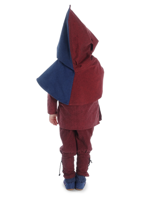 Mittelalter Kinderkapuze Liadarz Mi-Parti in Rot-Blau Rückansicht 2