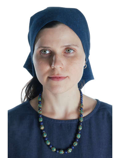 Mittelalter Kopftuch Laudamie in Blau Frontansicht