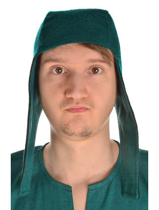 Mittelalter Haube Karamphi in Grün Frontansicht