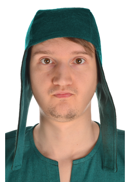 Mittelalter Haube Karamphi in Grün Frontansicht