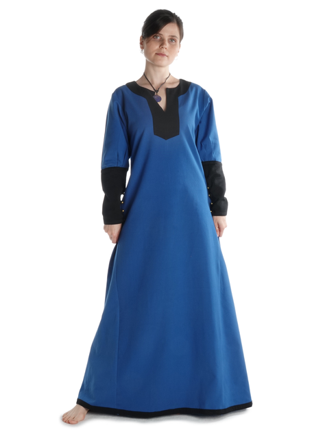 Mittelalter Kleid Skalmöld in Königsblau-Schwarz Frontansicht