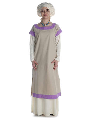 Mittelalter Kleid Linde in Hanffarben-Violett Frontansicht