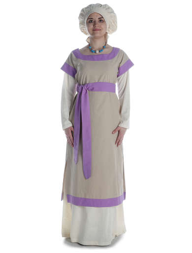 Mittelalter Kleid Linde in Hanffarben-Violett Frontansicht 3