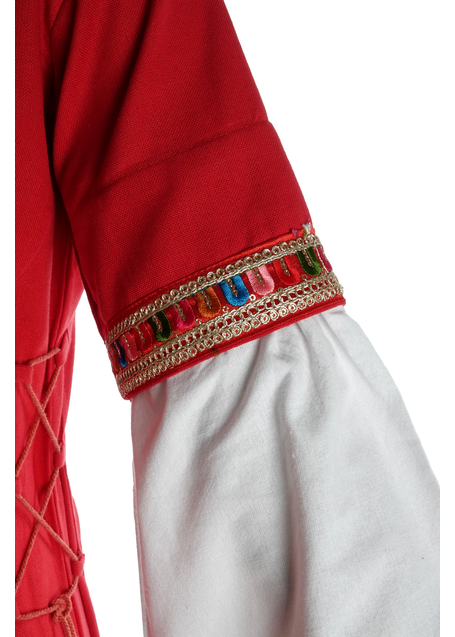 Mittelalter Kleid Saelde mit Bordüre in Feuerrot Detailansicht 2