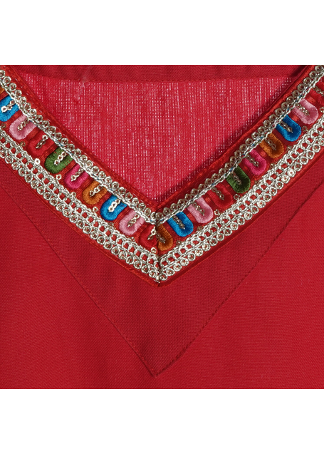 Mittelalter Kleid Saelde mit Bordüre in Feuerrot Detailansicht 4