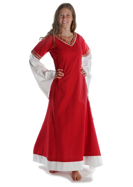 Mittelalter Kleid Saelde mit Bordüre in Feuerrot Frontansicht