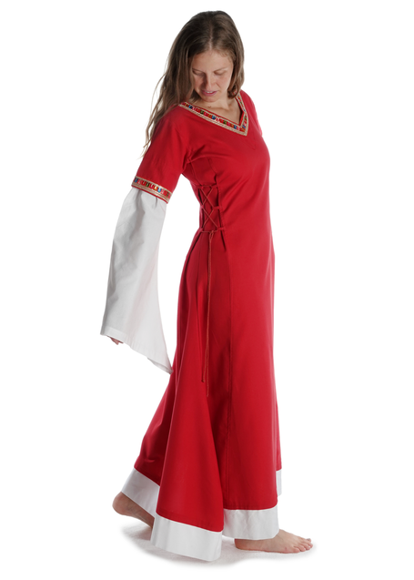 Mittelalter Kleid Saelde mit Bordüre in Feuerrot Seitenansicht