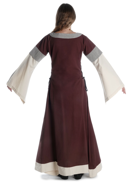 Mittelalter Kleid Saelde mit Zierleiste in Braun-Beige Rückansicht
