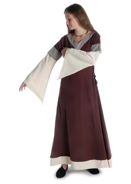 Mittelalter Kleid Saelde mit Zierleiste in Braun-Beige Frontansicht