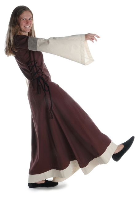 Mittelalter Kleid Saelde mit Zierleiste in Braun-Beige Seitenansicht