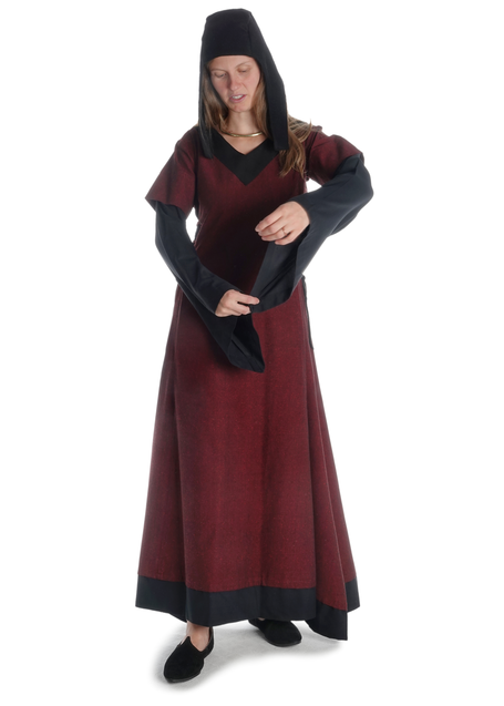 Mittelalter Kleid Saelde mit Zierleiste in Rot-Schwarz Frontansicht
