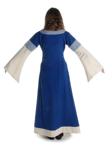 Mittelalter Kleid Saelde mit Zierleiste in Königsblau-Beige Rückansicht