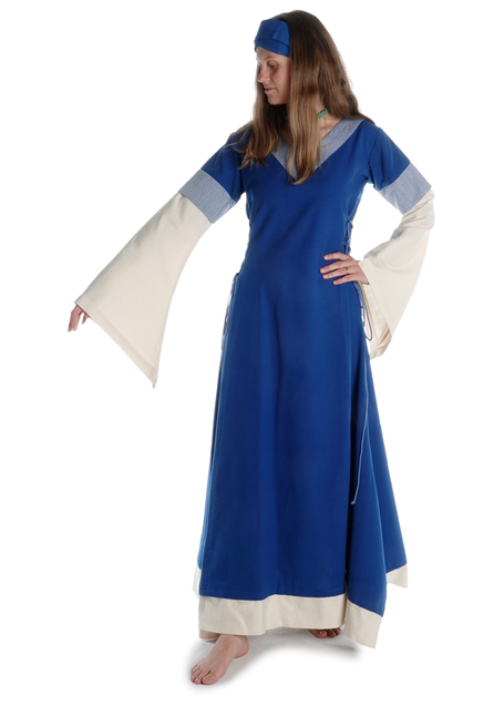 Mittelalter Kleid Saelde mit Zierleiste in Königsblau-Beige Frontansicht