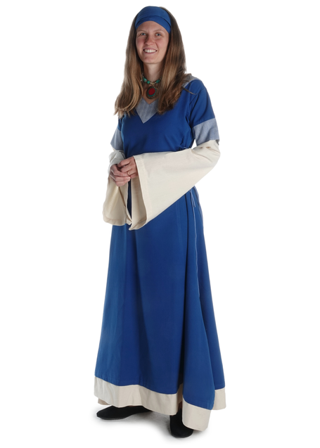 Mittelalter Kleid Saelde mit Zierleiste in Königsblau-Beige Frontansicht 2