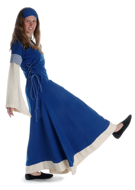 Mittelalter Kleid Saelde mit Zierleiste in Königsblau-Beige Seitenansicht