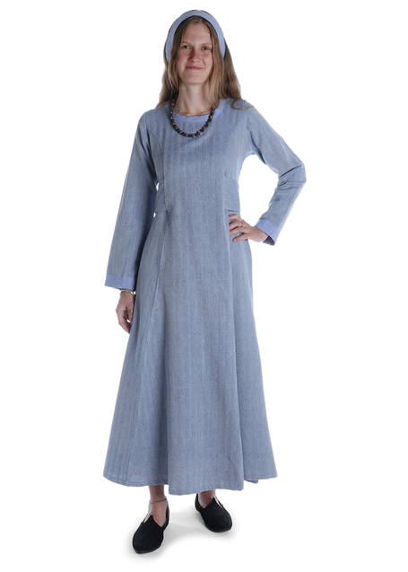 Wikinger Kleid Lauretta in Fischgrät Blau-Weiß Frontansicht