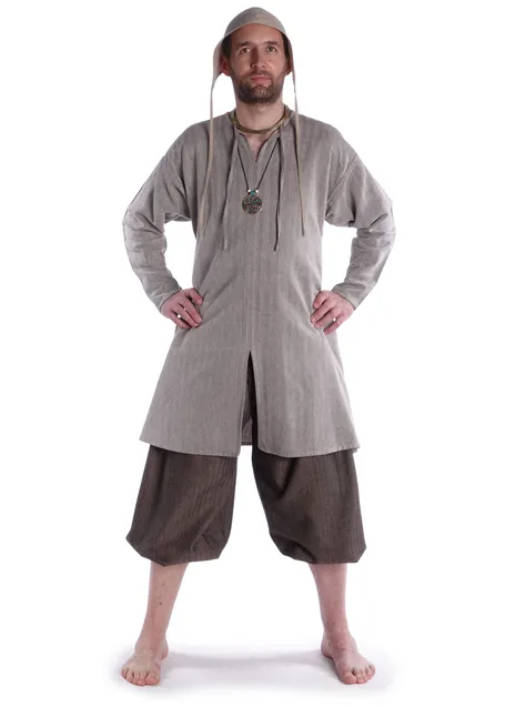 Wikinger Tunika Thord in Fischgrät Braun-Weiß Frontansicht 2