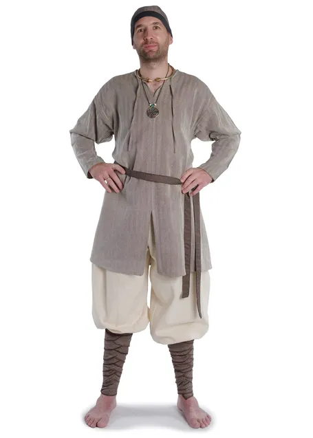 Wikinger Tunika Thord in Fischgrät Braun-Weiß Frontansicht 3