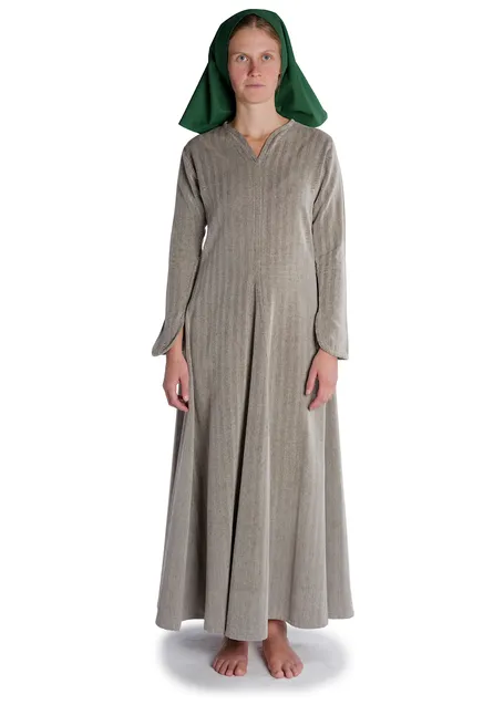 Wikinger Kleid Catella in Fischgrät Braun-Weiß Frontansicht 3