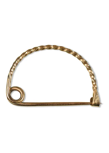 Kelten Bogenfibel Lugh aus Messing in Golden Frontansicht