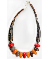 Medieval Viking Necklace red, gray, amber stones with Yak Horn 